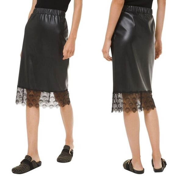 New! MICHAEL KORS Lace Trim Faux Leather Black Pencil Skirt Size Small - Picture 1 of 4